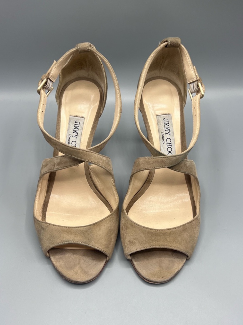 Jimmy Choo Emily Beige Suede Cross Strap Sandal Heel Pump